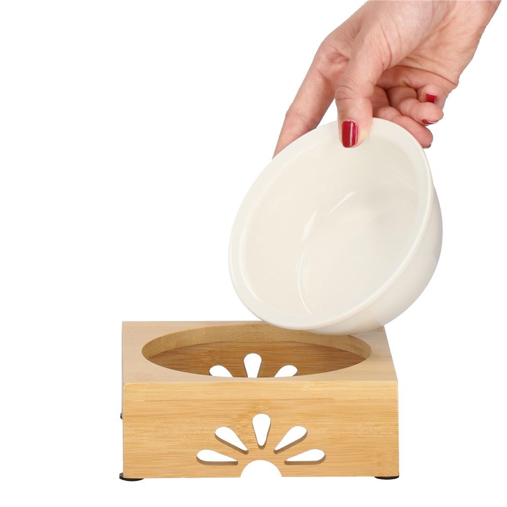 Castron ceramica, bol, pentru caine sau pisica, cu suport din bambus, 15cm