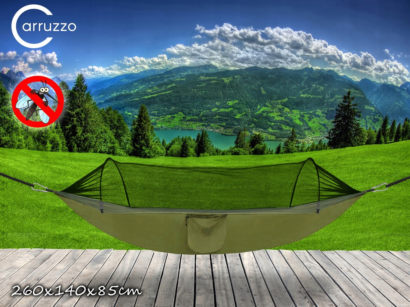 Hamac Sersimo dublu din material parasuta 140x260cm, cu plasa de tantari, verde