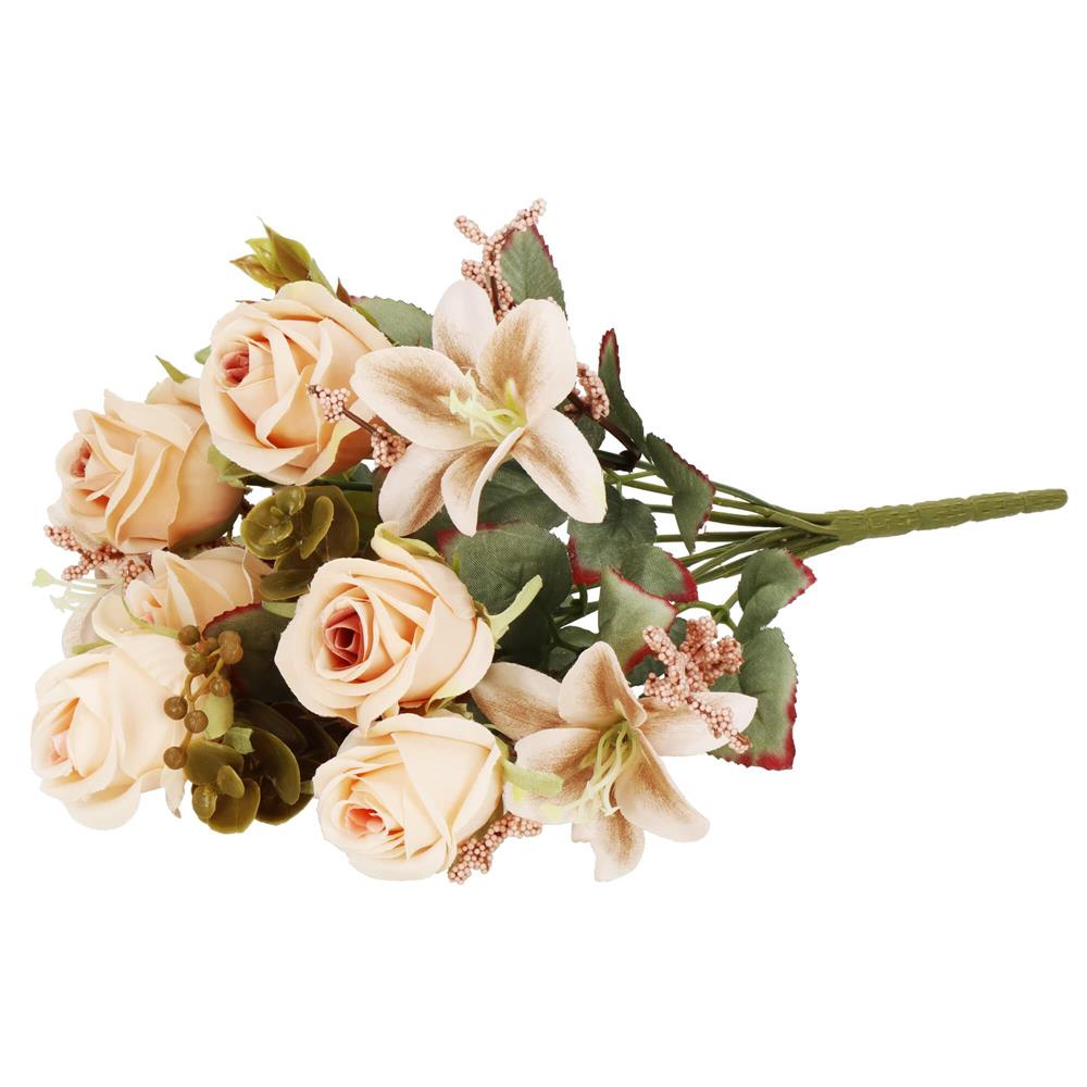 Buchet de flori artificiale din poliester, 10 fire trandafiri si crini, 37cm, crem