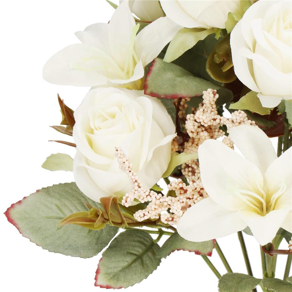 Buchet de flori artificiale din poliester, 9 fire trandafiri si crini, 37cm, alb