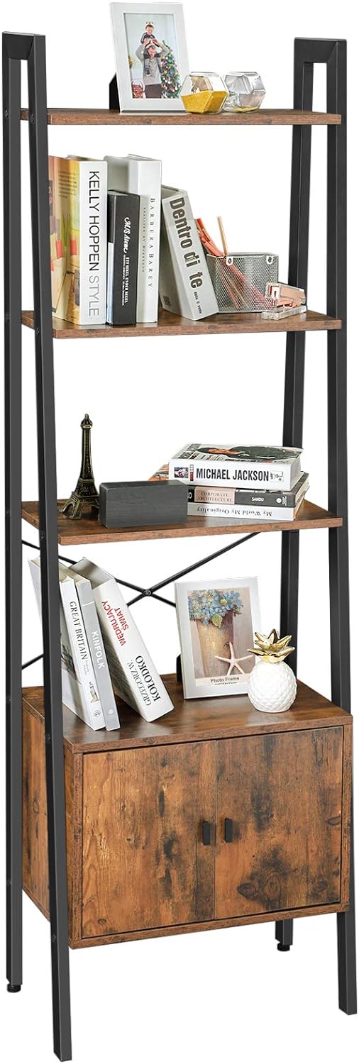Biblioteca tip scara, cu dulap si 4 rafturi din MDF, stil industrial, 34x56x172cm, maro rustic si negru