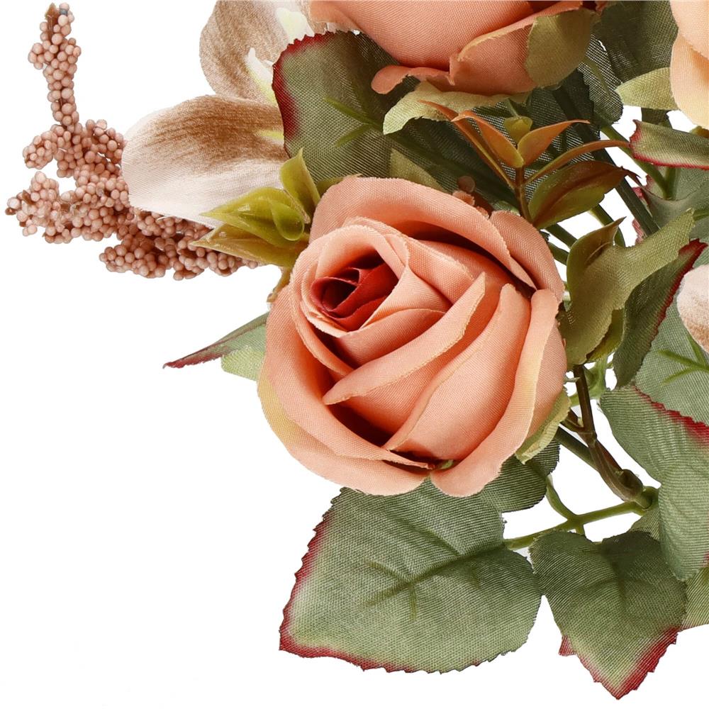 Buchet de flori artificiale din poliester, 9 fire trandafiri si crini, 37cm, roz