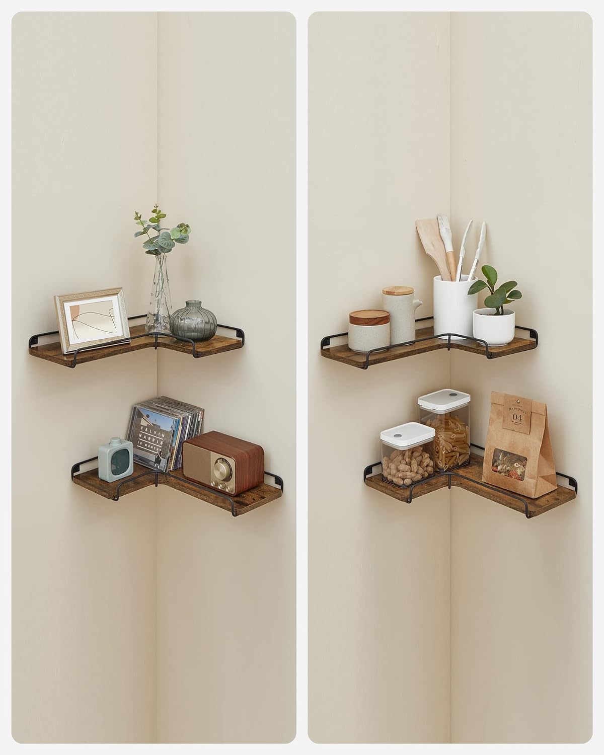 Set de 2 rafturi plutitoare de colt in forma de L, stil industrial, 40x29x14cm, maro rustic și negru