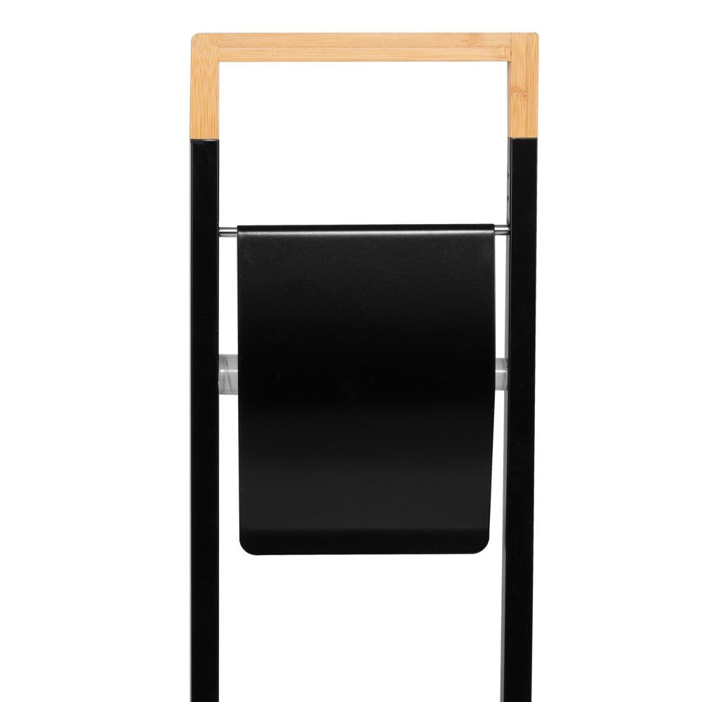 Stand cu perie WC si suport hartie igienica, metal si bambus, 74cm, negru