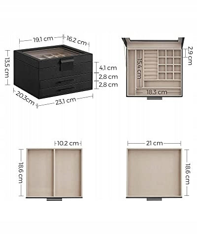 SONGMICS Cutie de bijuterii cu 3 nivele, 2 sertare, capac din sticla si incuietoare, 20x23x14cm, negru