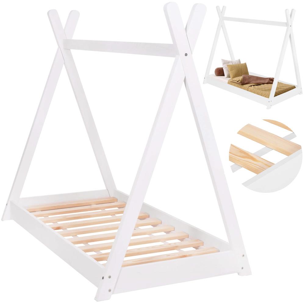 Pat din lemn pentru copii, model TeePee, somiera inclusa, 61x146x130 cm, alb