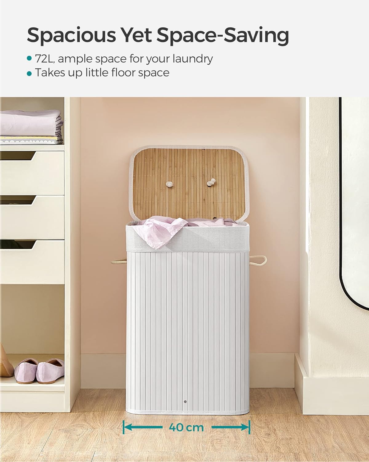 SONGMICS Cos de rufe din bambus, pliabil, cu captuseala detasabila lavabila, 72L, 40x30x60cm, alb