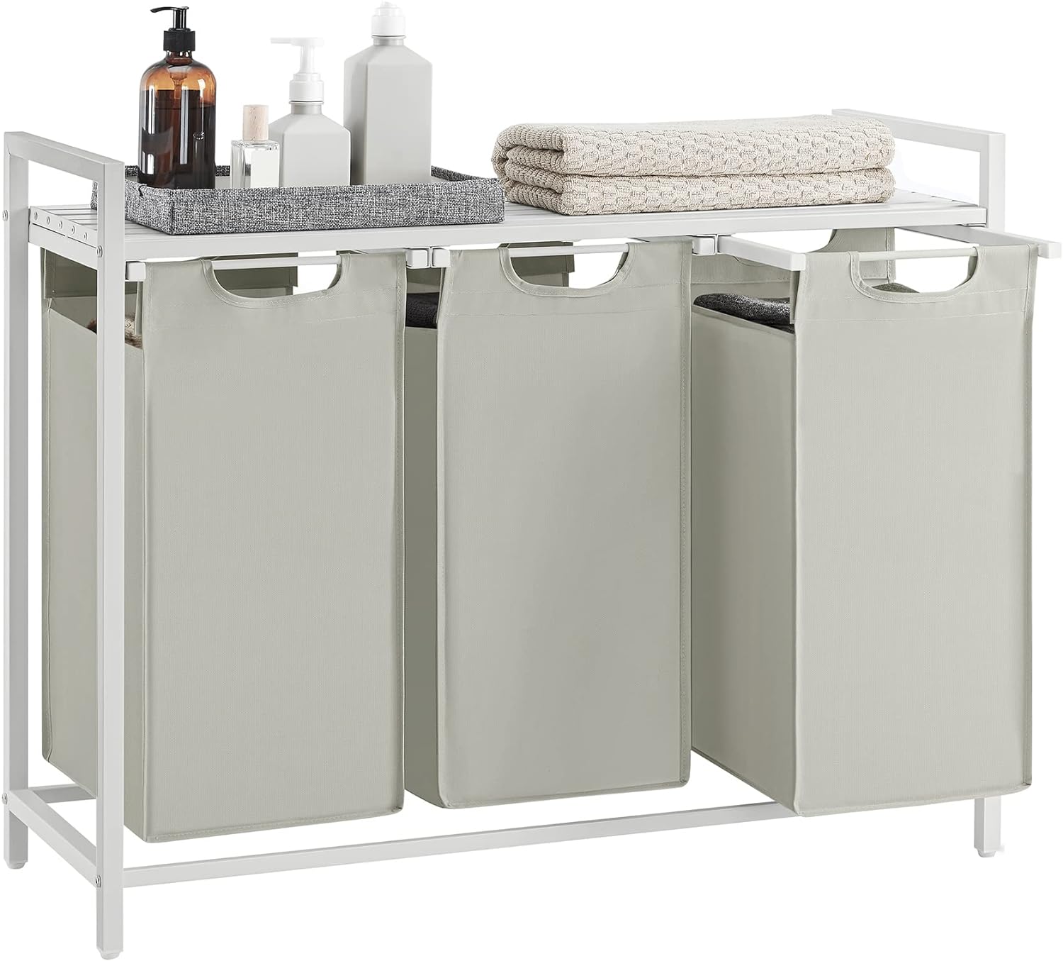 VASAGLE Cos de rufe, 3 compartimente, saci de rufe detasabili, raft, cadru metalic, 3x38L, 93x33x72 cm, alb