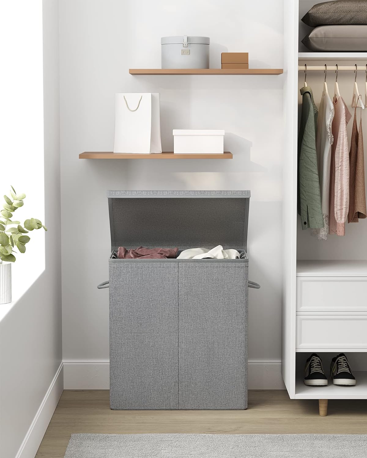 SONGMICS Cos de rufe textil, pliabil, 2 compartimente, saci detasabili, 142L, 60x36x66cm, gri