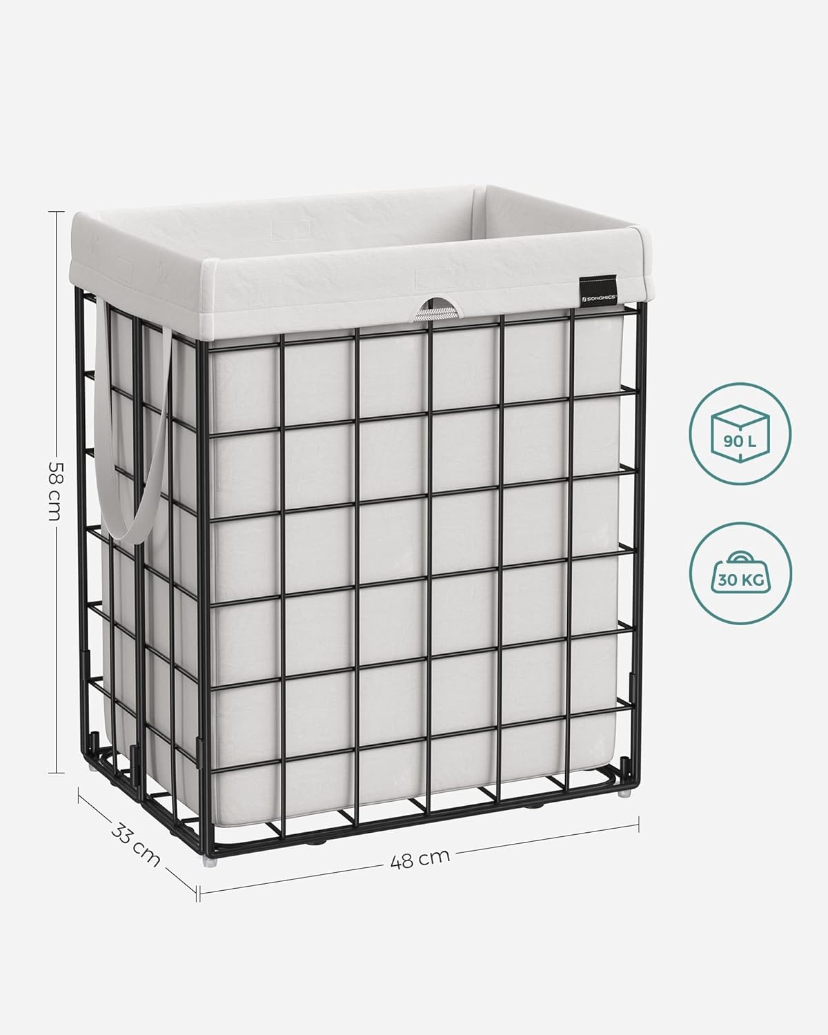 SONGMICS Cos de rufe pliabil cu cadru metalic, sac detasabil si lavabil, 90L, 48x33x58cm, negru si alb