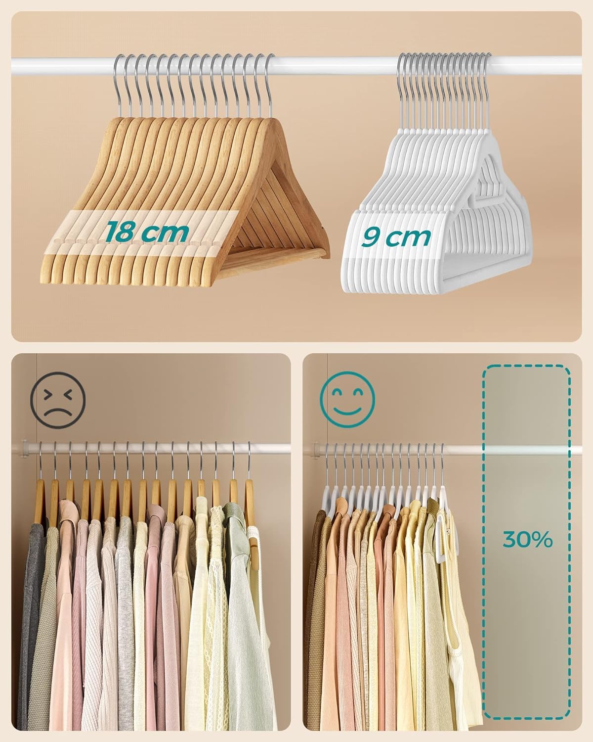 SONGMICS Set de 50 de umerase pentru haine, anti-alunecare cu catifea, bara de cravata si carlig pivotant, 43,5 cm, alb