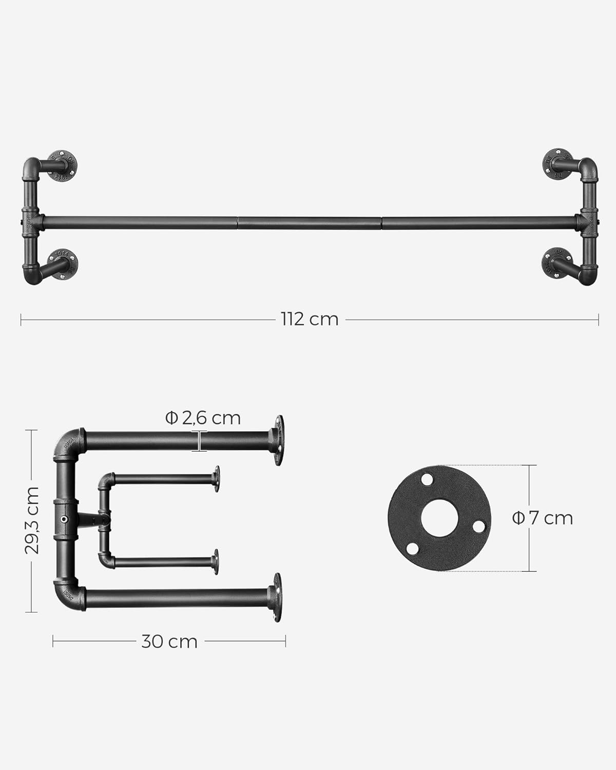 SONGMICS Set 2 sine metalice de agatat haine, montare pe perete, aspect industrial, 112x30x30cm, negru