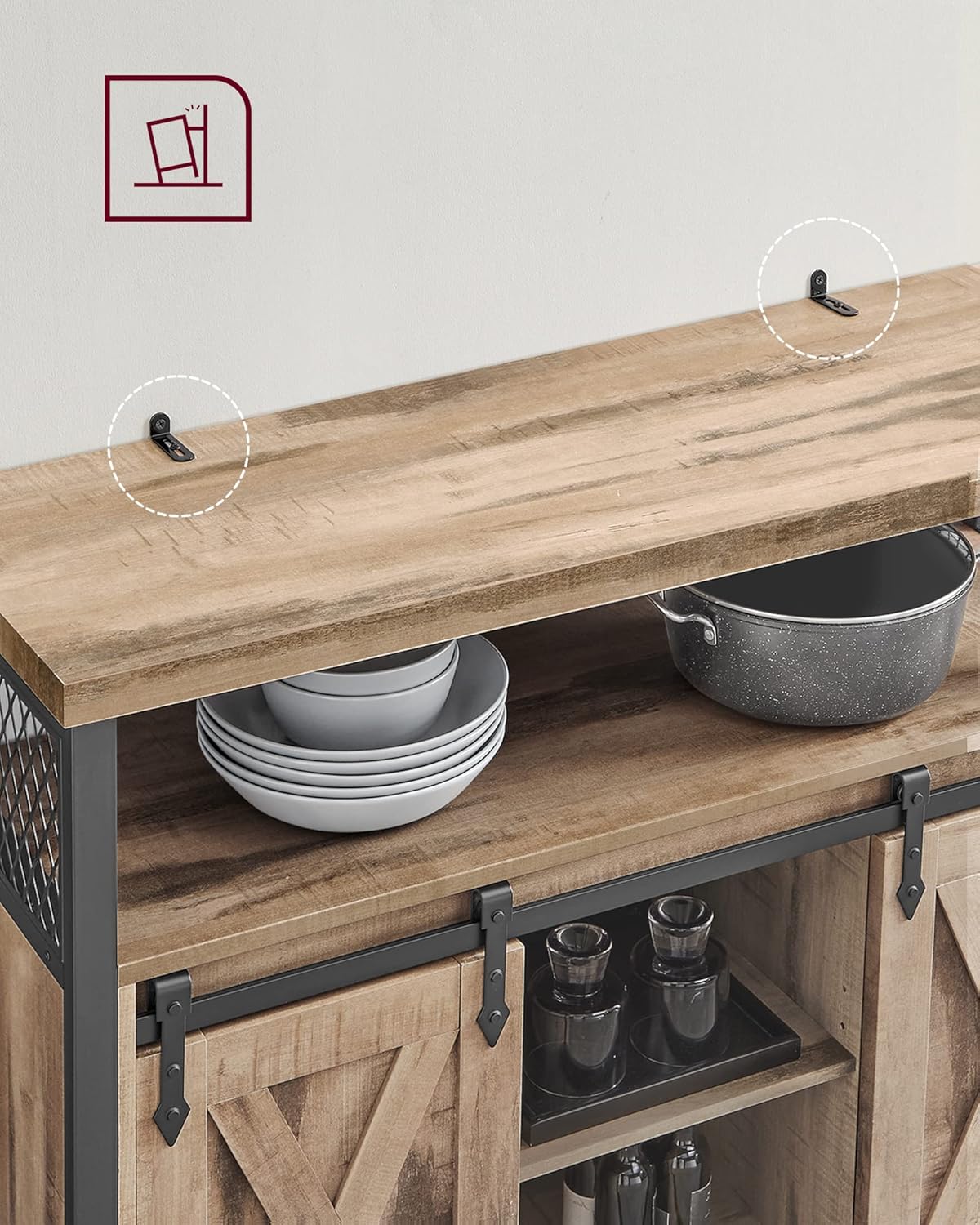 VASAGLE Comoda pentru living sau bucatarie, cu 2 usi glisante, rafturi reglabile, stil rustic, 33x100x80 cm, maro