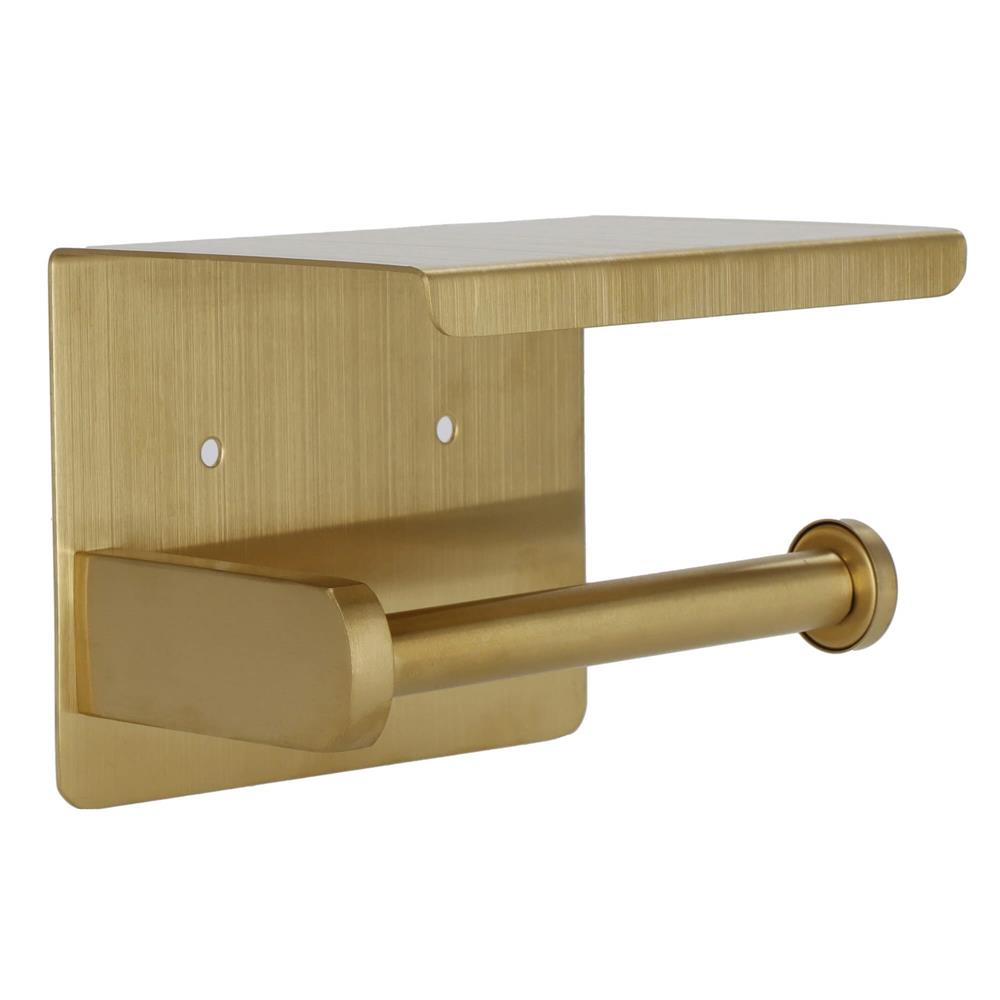 Suport hartie igienica din otel cu raft depozitare, sistem montare inclus, 13.5cm, auriu perlat