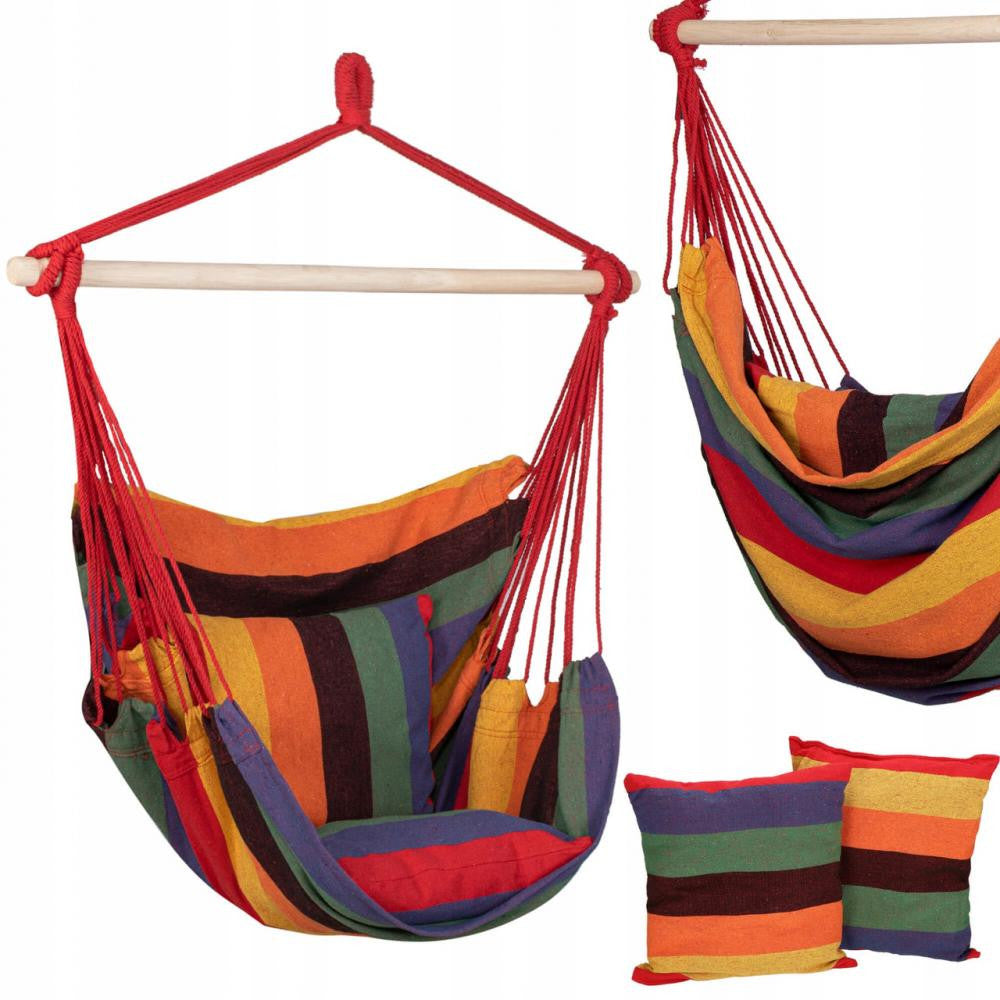 Hamac tip leagan suspendat pentru casa sau gradina HM47, multicolor cu perne, 130x100cm, 150kg