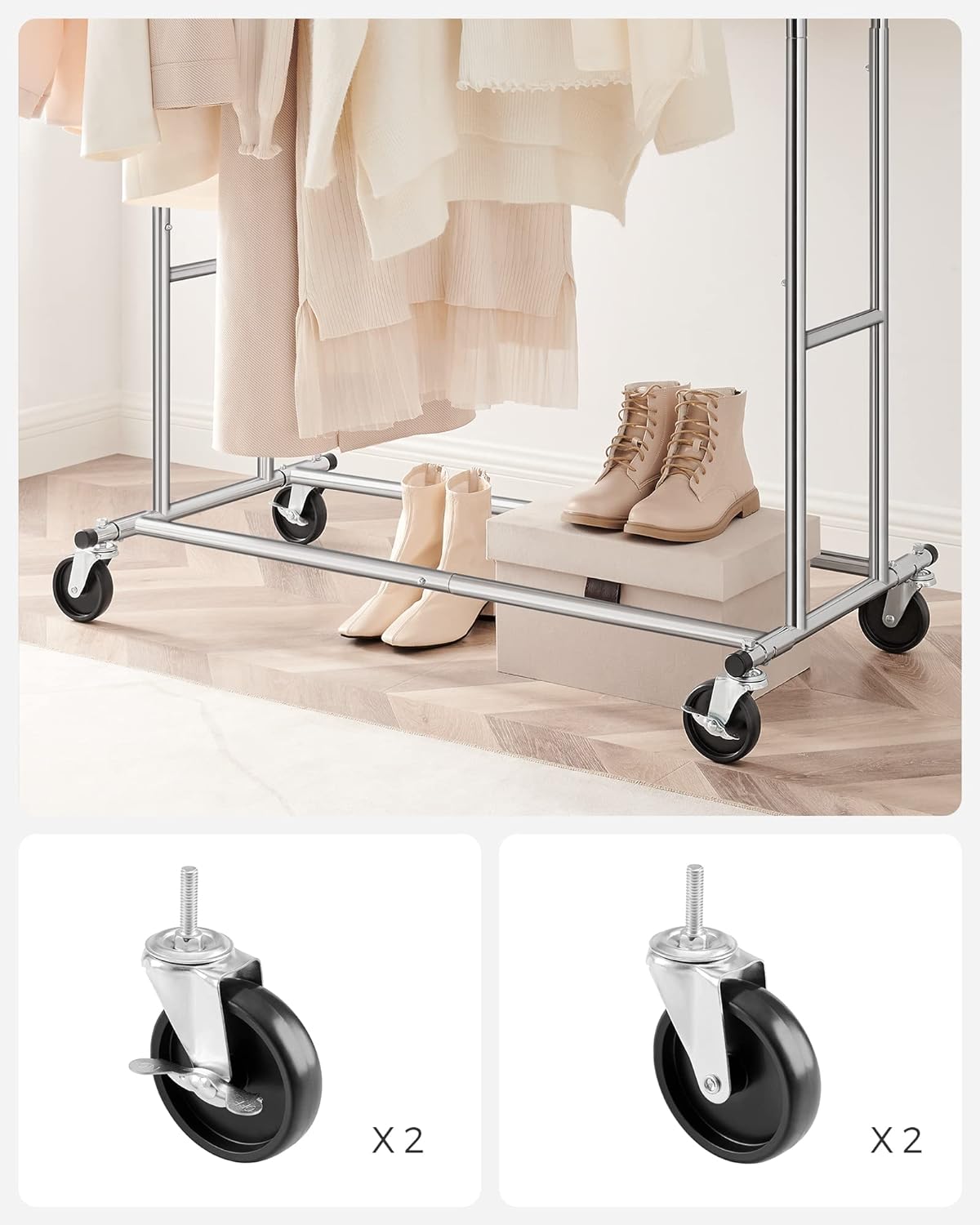SONGMICS Suport pentru haine pe roti, sina dubla extensibila, din inox cromat, sarcina 100kg, 129x55x148cm, argintiu