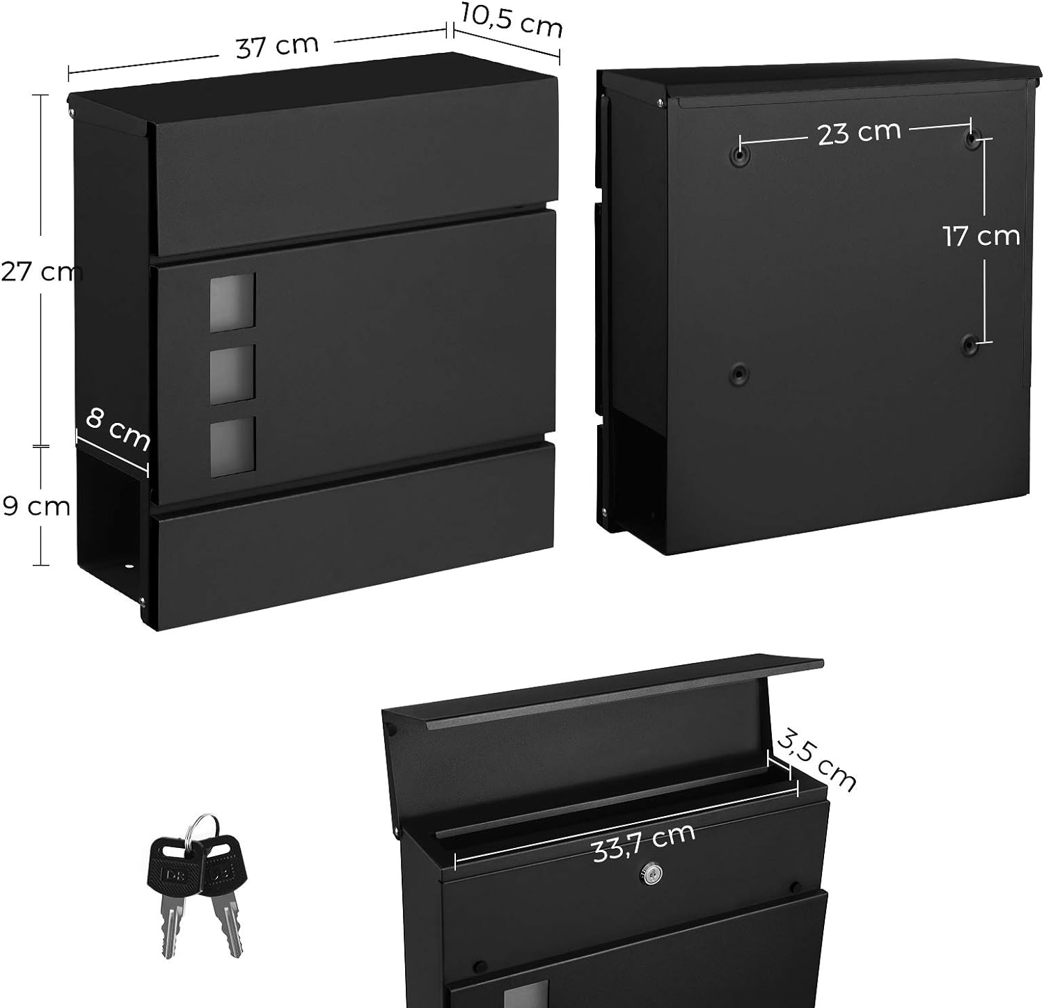 SONGMICS Cutie postala de exterior, pentru gard sau perete, din otel zincat, cu incuietoare, 37x11x37cm, negru