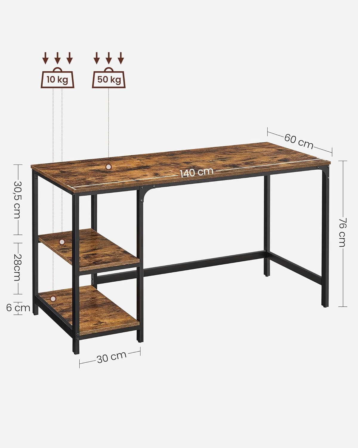 VASAGLE Birou cu 2 rafturi stanga sau dreapta, stil industrial, 60x140x76 cm, maro rustic - 7