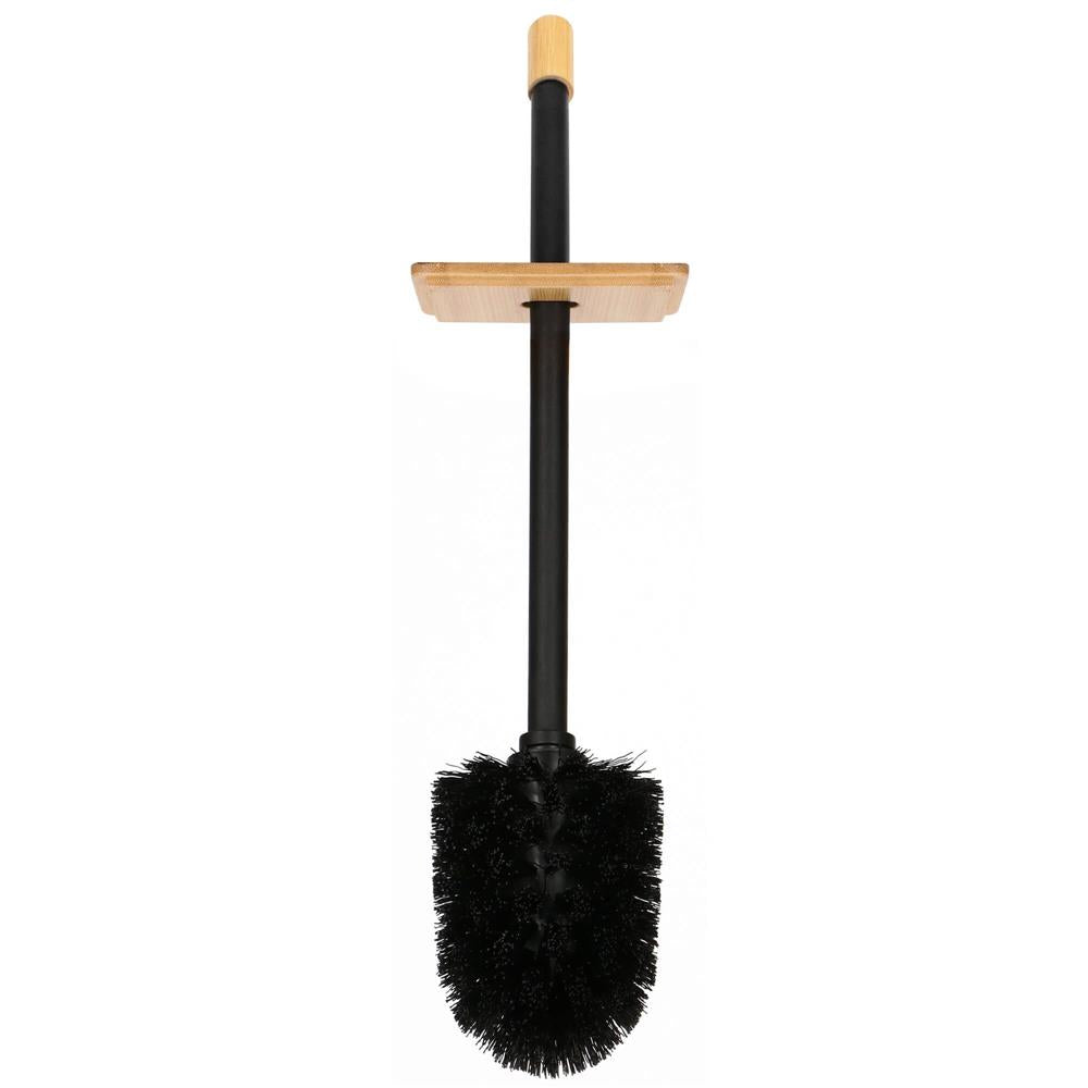 Stand cu perie WC si suport hartie igienica, metal si bambus, 80cm, negru