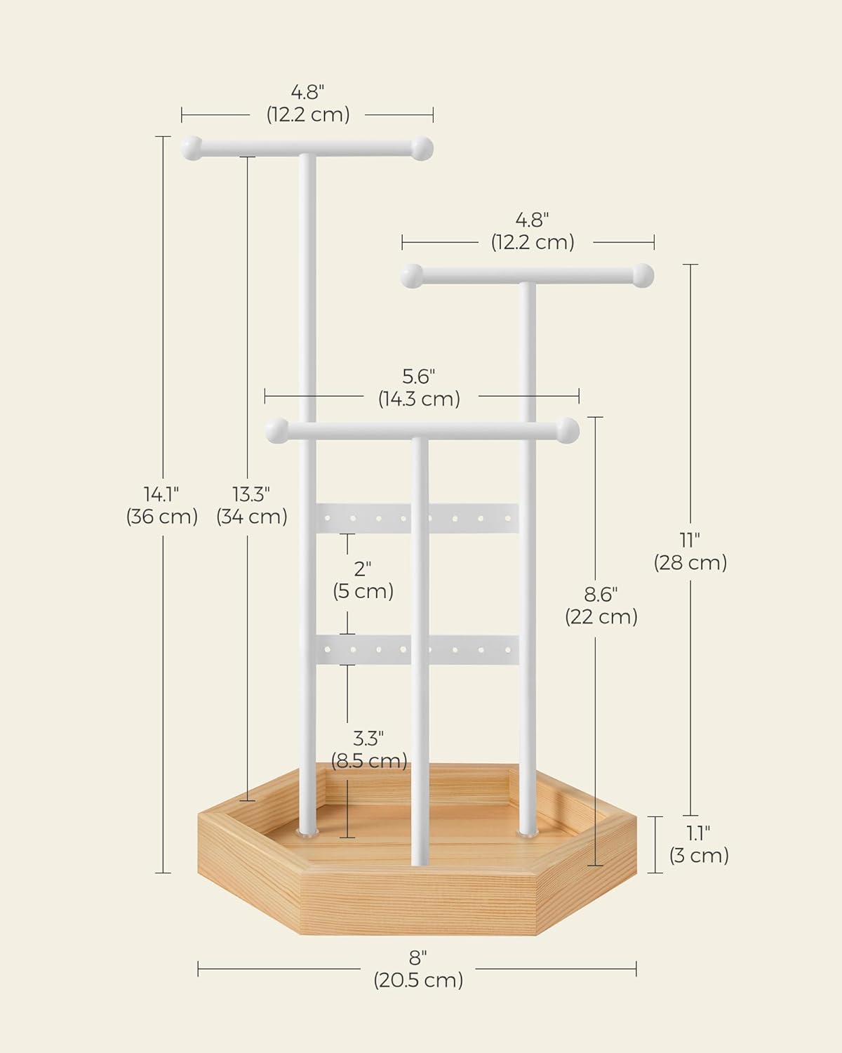 SONGMICS Stand organizator de bijuterii, cu cadru metalic, suport cercei, bratara, colier, inele, 18x21x36cm, alb