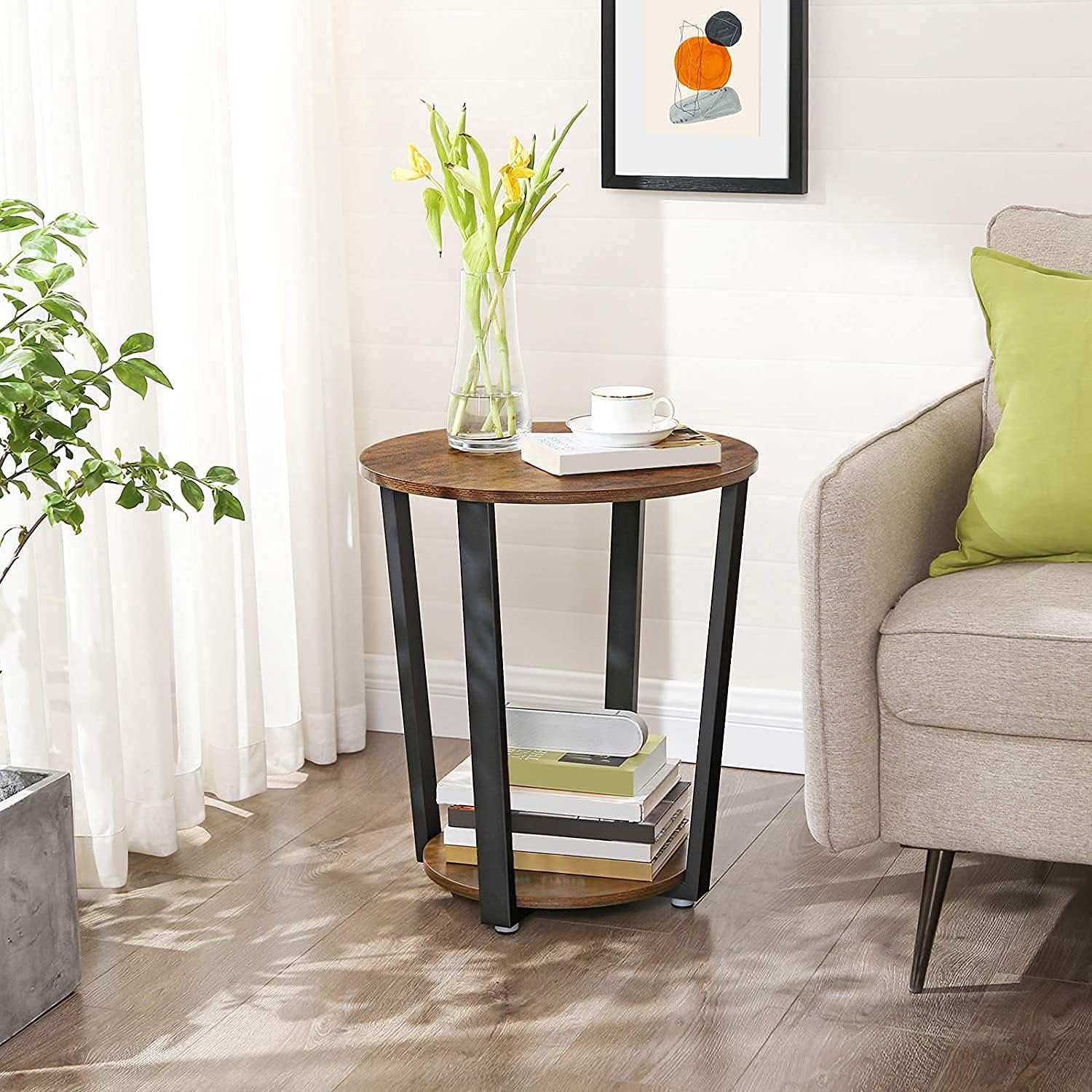 Masa de cafea rotunda cu cadru de otel, stil industrial, 50x57cm, maro rustic si negru