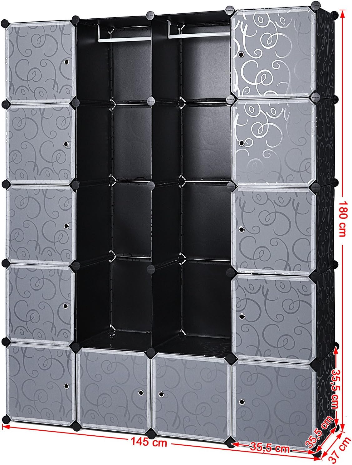 SONGMICS Dulap de depozitare modular, 12 compartimente inchise, 2 sine pentru umerase, 178x143x36cm, negru si alb