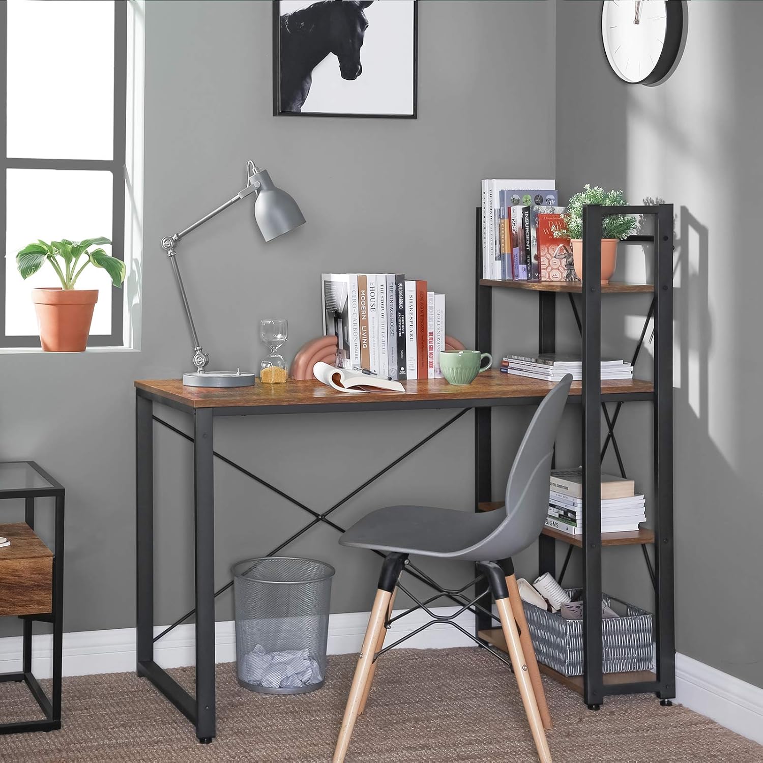 VASAGLE Birou cu raft lateral, montare stanga sau dreapta, industrial, 56x120x120 cm, maro - 8