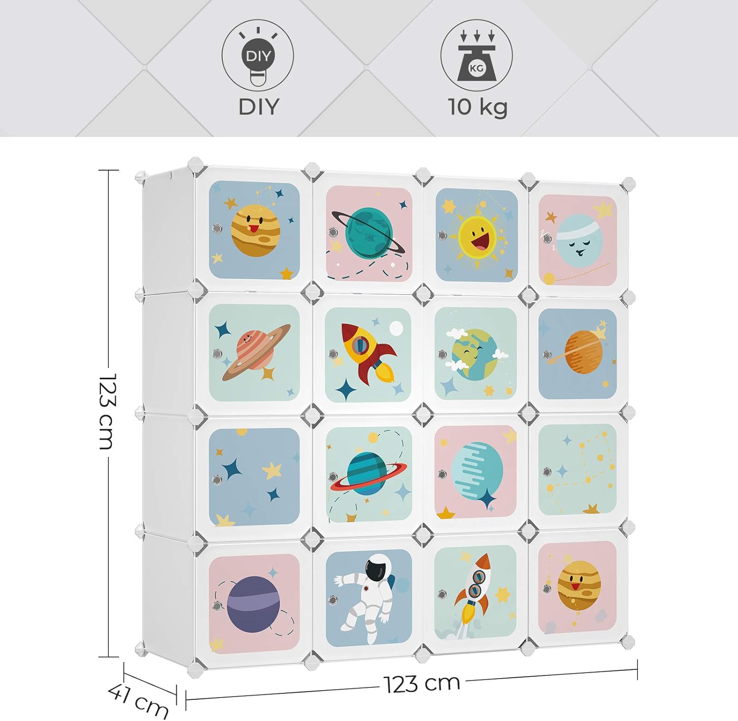 SONGMICS Dulap modular de depozitare jucarii, 16 cuburi cu usi, 123x41x123cm, alb