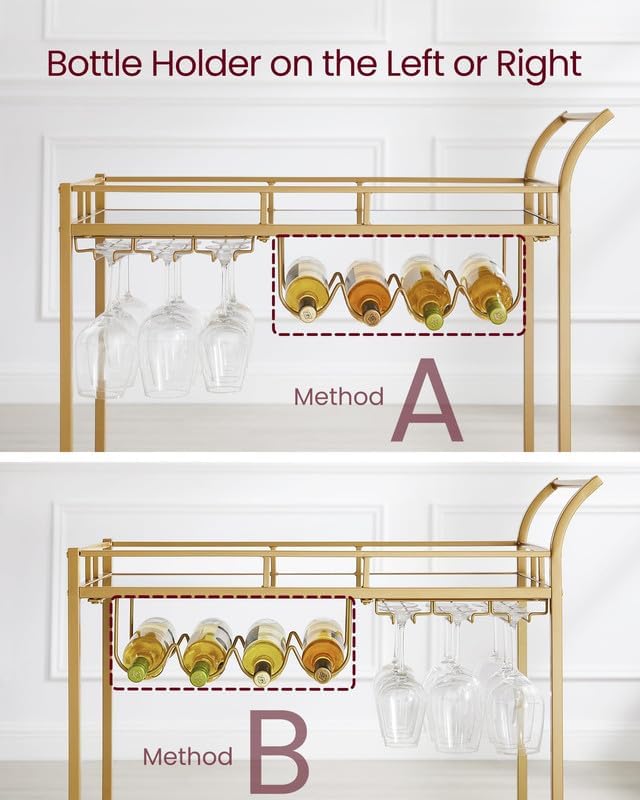 VASAGLE Carucior de servire pentru vin, suport sticle si pahare, cu 2 rafturi din sticla, 38x86x90cm, auriu