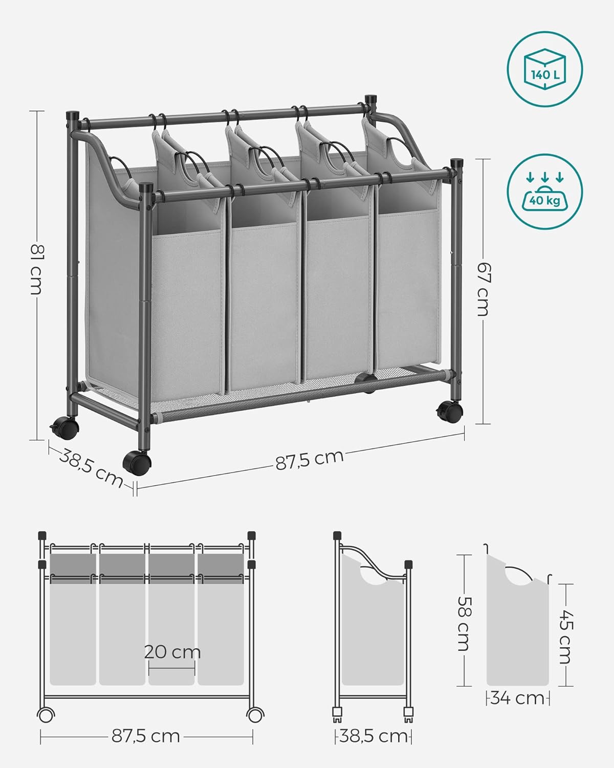 SONGMICS Cos de rufe cu 4 saci detasabili, structura metalica pe roti, 4x35L, 87x38x81cm, gri