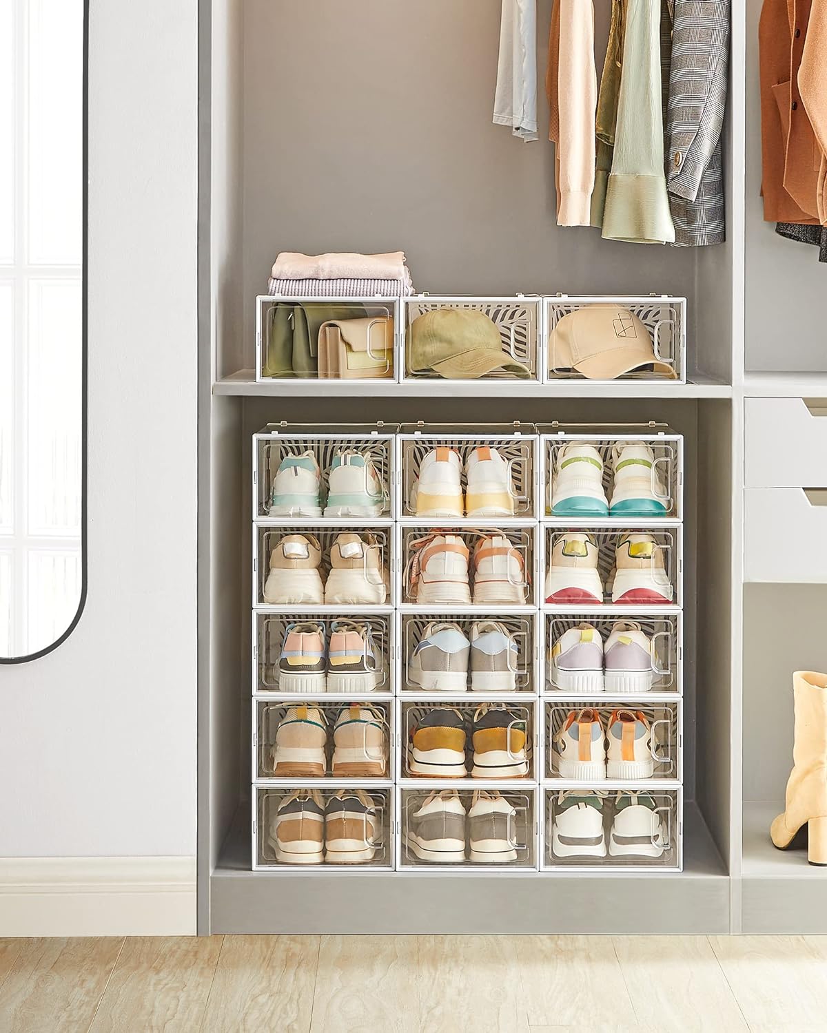 SONGMICS Cutii de pantofi, set de 18 organizatoare stivuibile, structura rezistenta ABS, 34x23x14cm, transparent