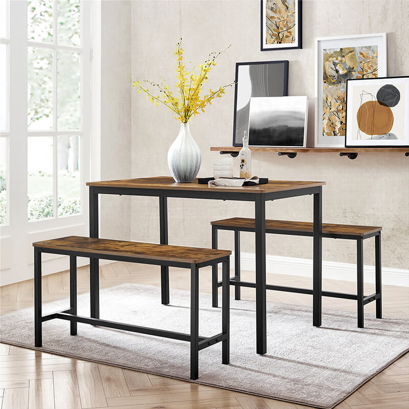 VASAGLE Masa de bar cu 2 banci, design industrial, 110x70x75 cm, maro rustic