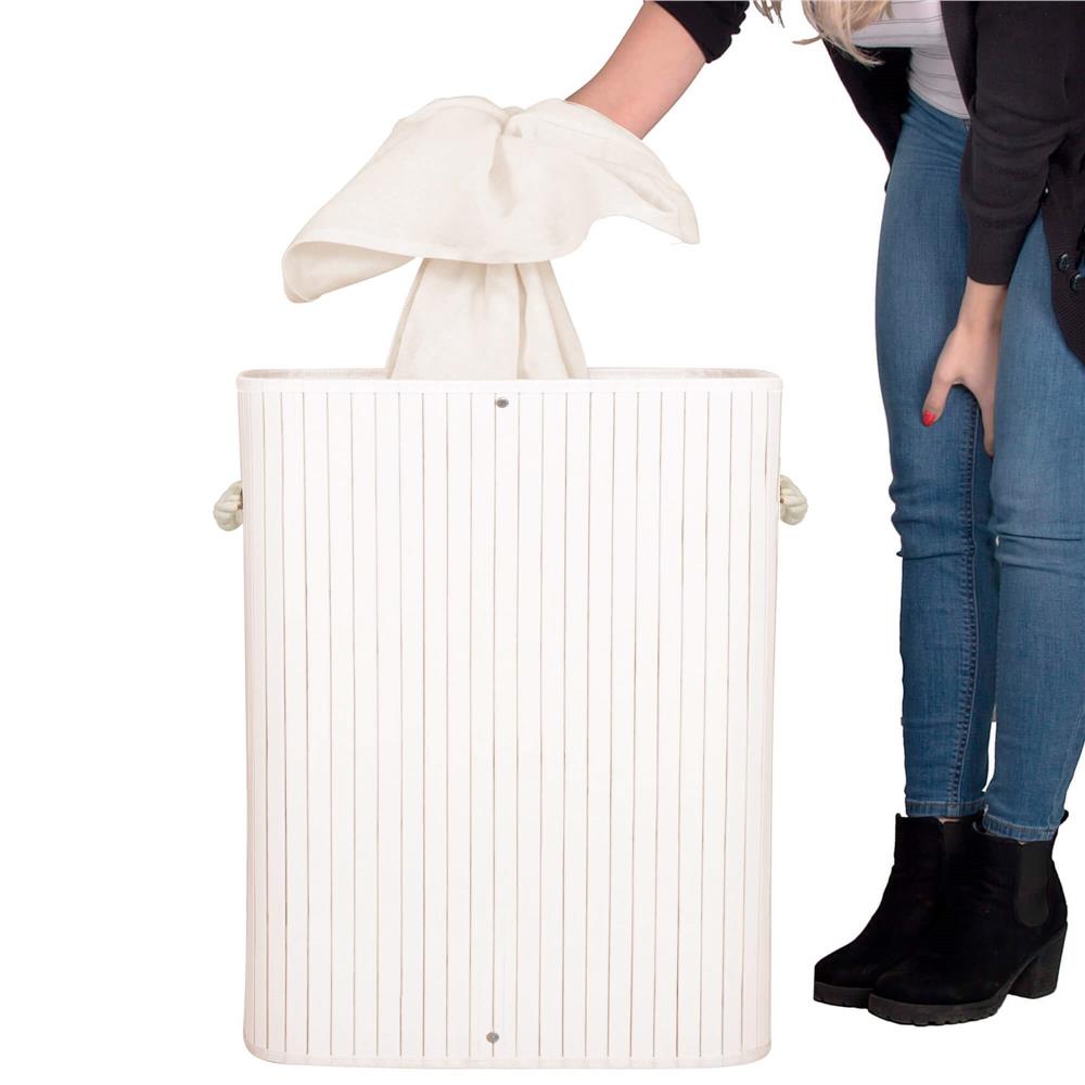 Cos de rufe din bambus cu capac, 2 compartimente, sac detasabil, volum 100L, 54x35x60cm, alb - 9