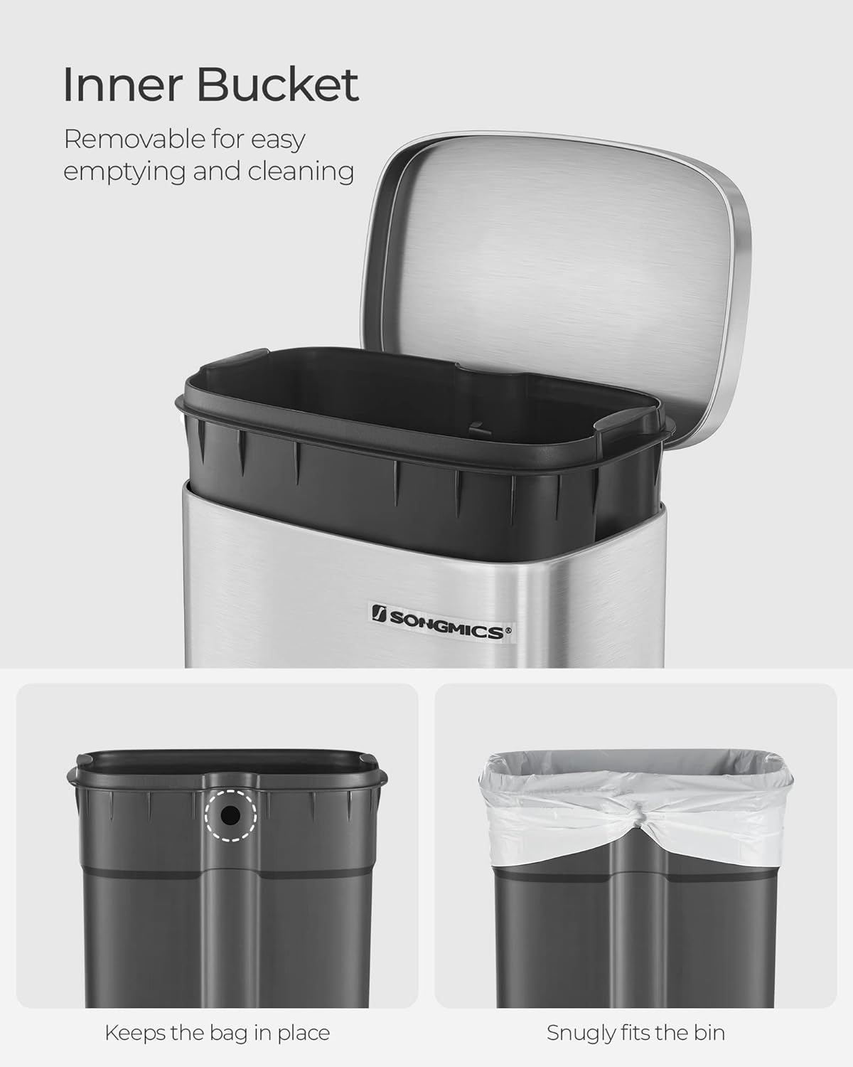SONGMICS Cos de gunoi din otel cu pedala, galeata interioara plastic, capac inchidere lenta, 30L, 35x30x63cm, argintiu