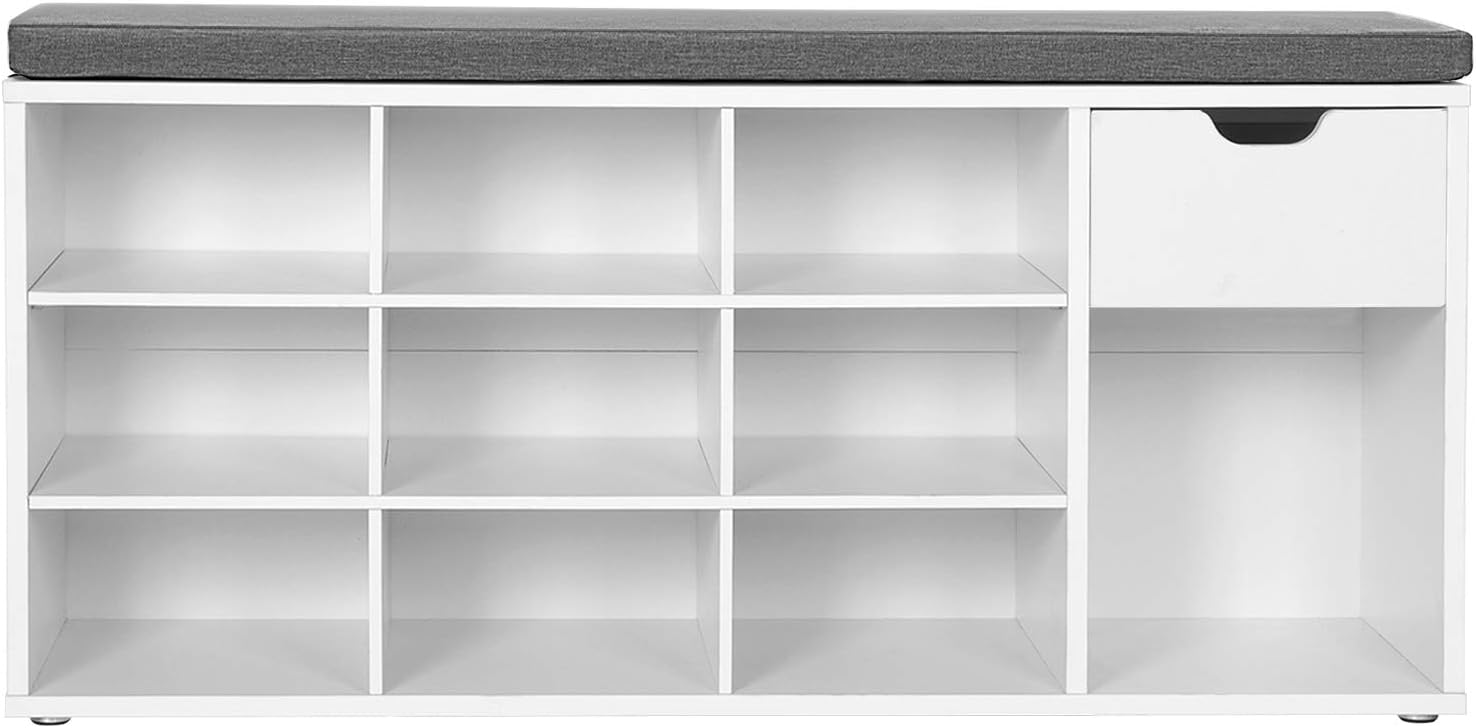 VASAGLE Banca de depozitare cu suport pentru pantofi, 10 compartimente si dulap, cu perna, 30x104x48cm, alb