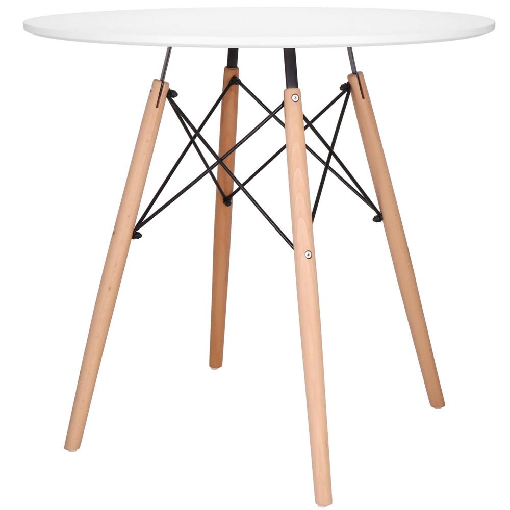 Masa dining bucatarie, rotunda, diametru 80 cm, inaltime 75 cm, Blat MDF, Picioare lemn, Alb