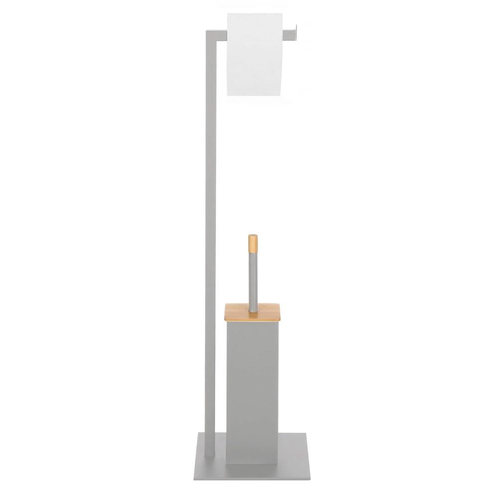 Stand cu perie WC si suport hartie igienica, metal, 79cm, gri