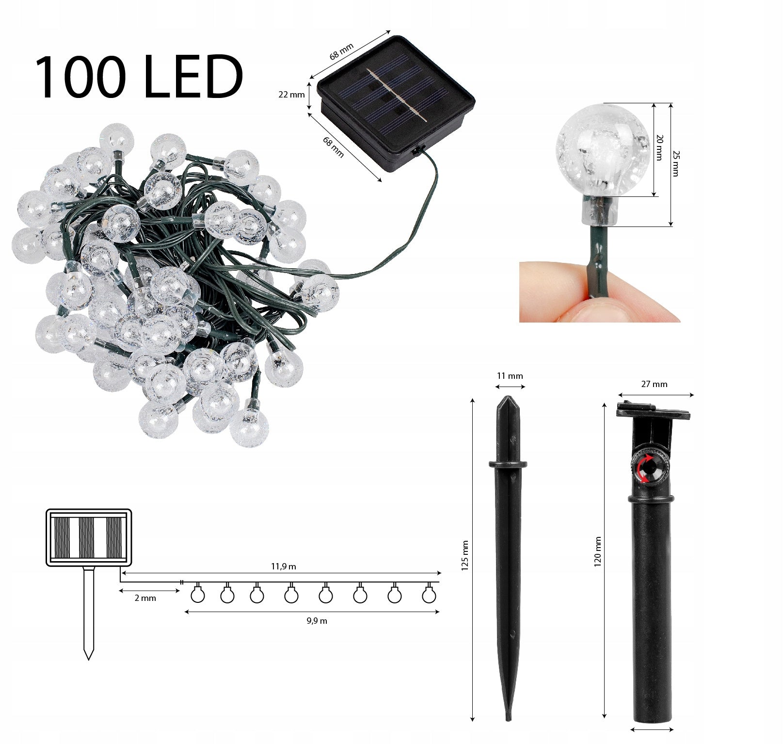 Ghirlanda luminoasa, LED, 100 becuri mici, 10m, incarcare solara, lumina alb cald