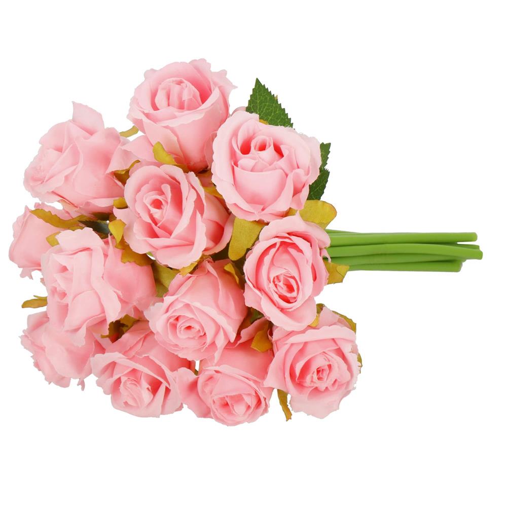 Buchet de flori artificiale din poliester, 12 fire trandafiri, 26cm, roz - 6