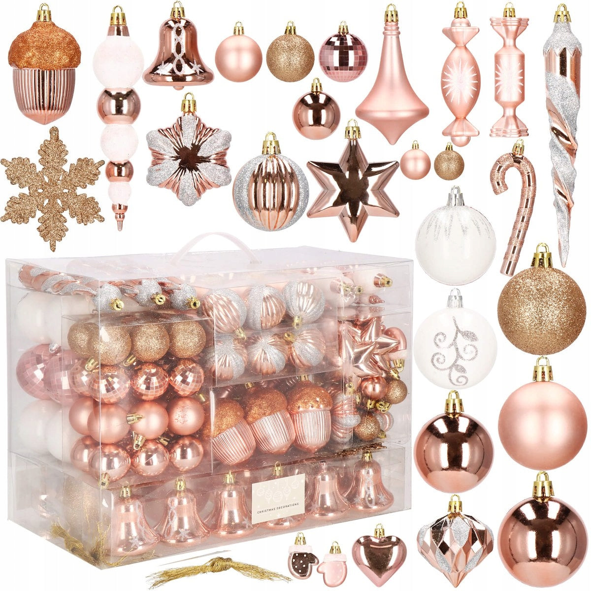 Set globuri si decoratiuni de Craciun, 152 piese, diverse dimensiuni, roz auriu