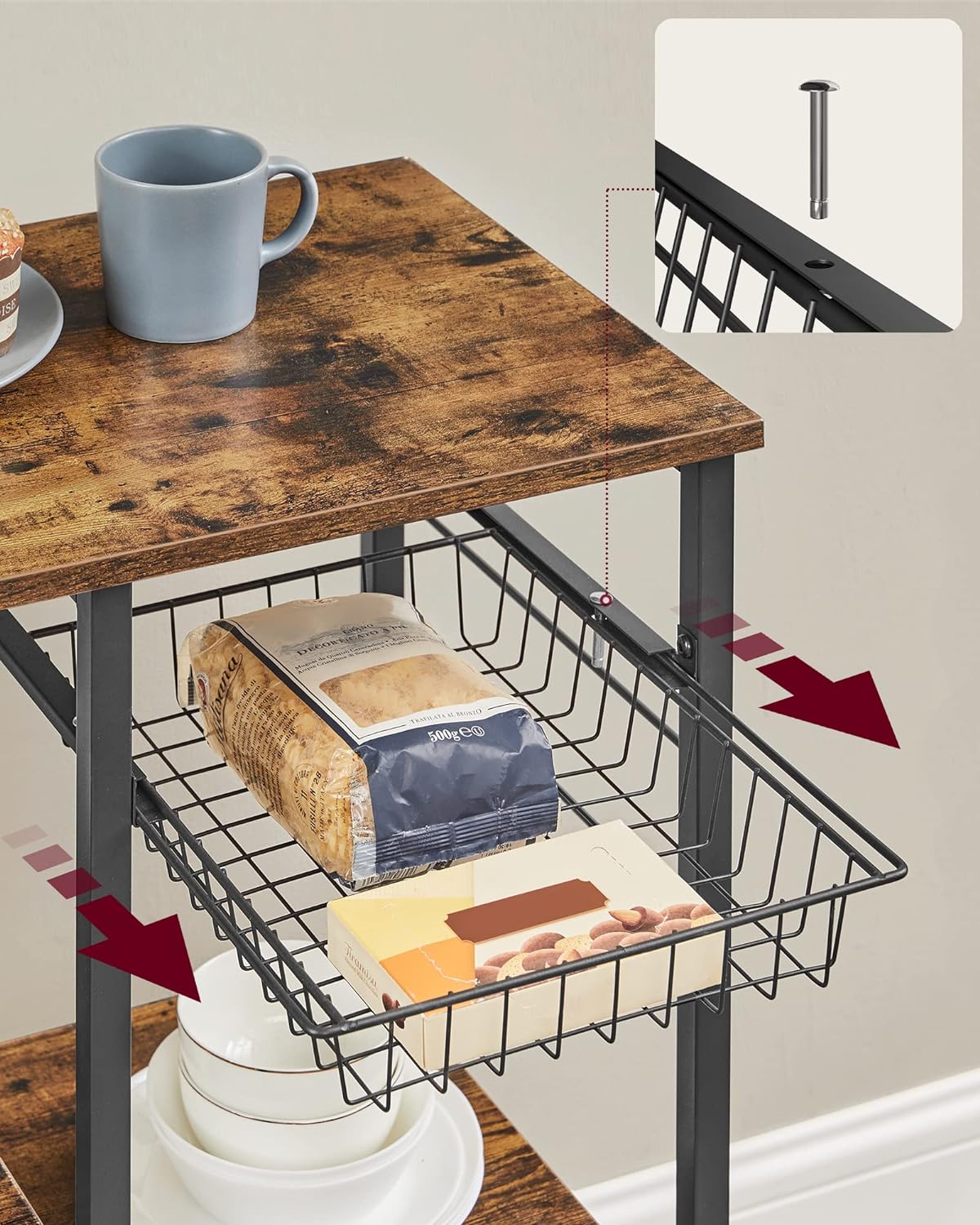 VASAGLE Raft de bucatarie, suport pentru cuptorul cu microunde, cos de sarma, 6 carlige S, 39x90x132cm, maro rustic
