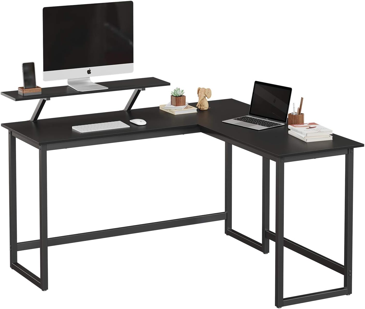 VASAGLE Birou in forma de L cu suport pentru monitor, cadru metalic, 140x130x76cm, negru