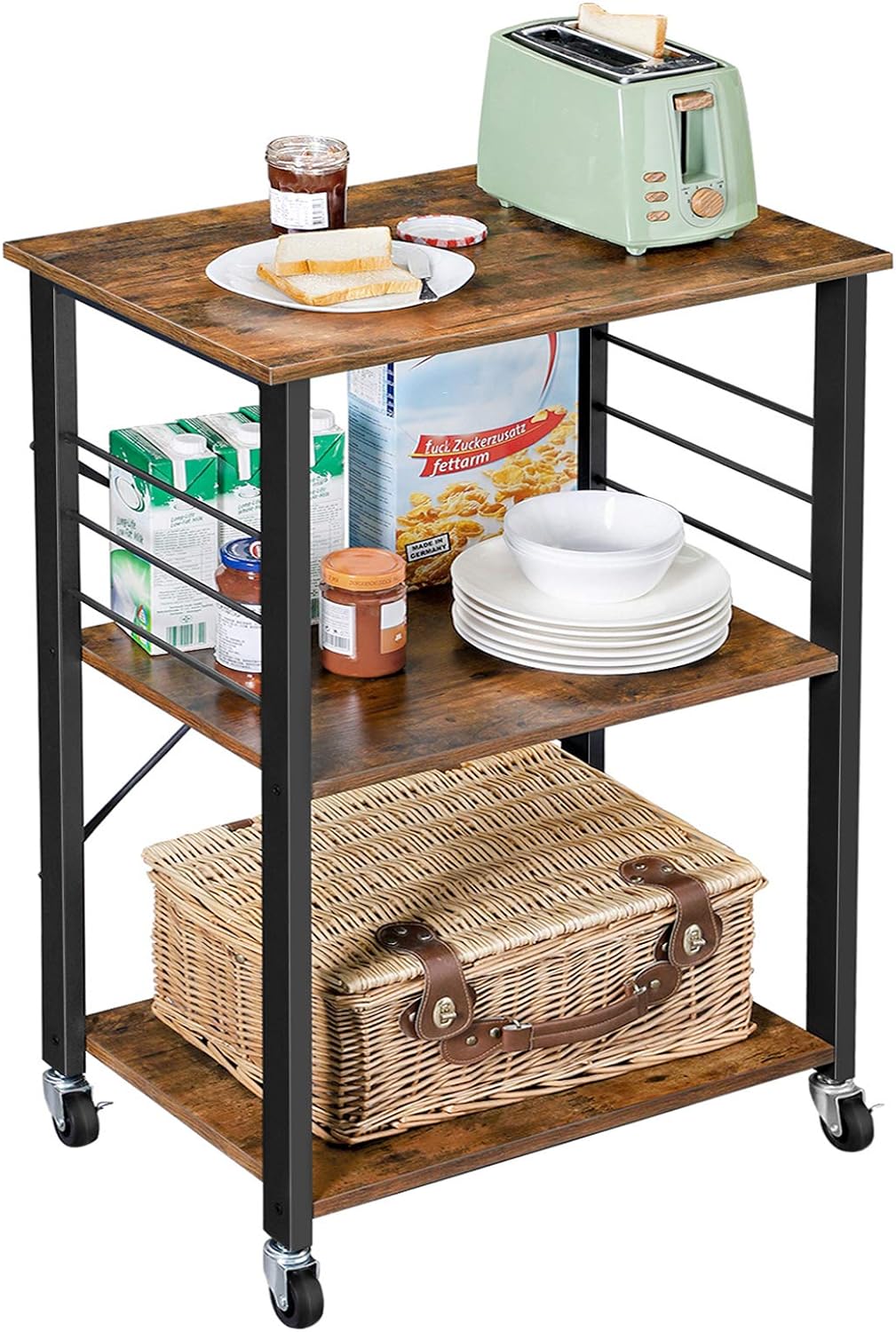 VASAGLE Raft de bucatarie pe roti, carucior de servire cu 3 rafturi, cadru metalic, 40x60x89cm design industrial, maro rustic