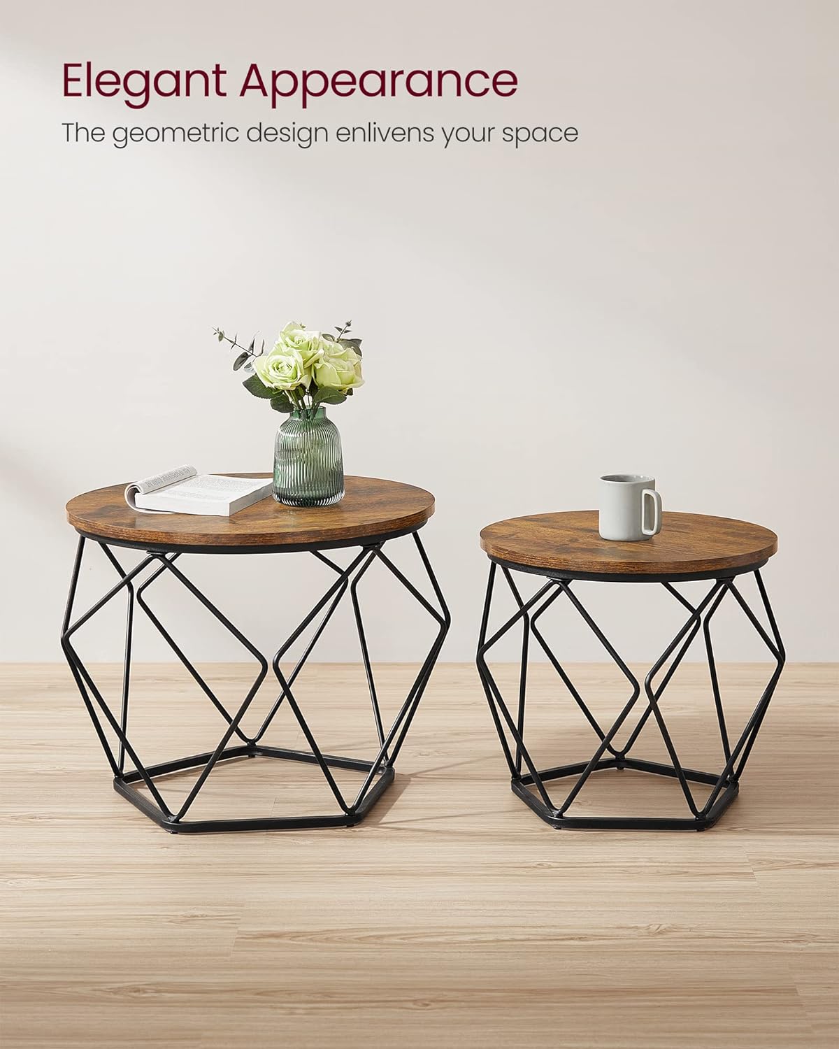 VASAGLE Set de 2 mese de cafea, stil industrial, 50x40cm si 40x36cm, maro rustic si negru