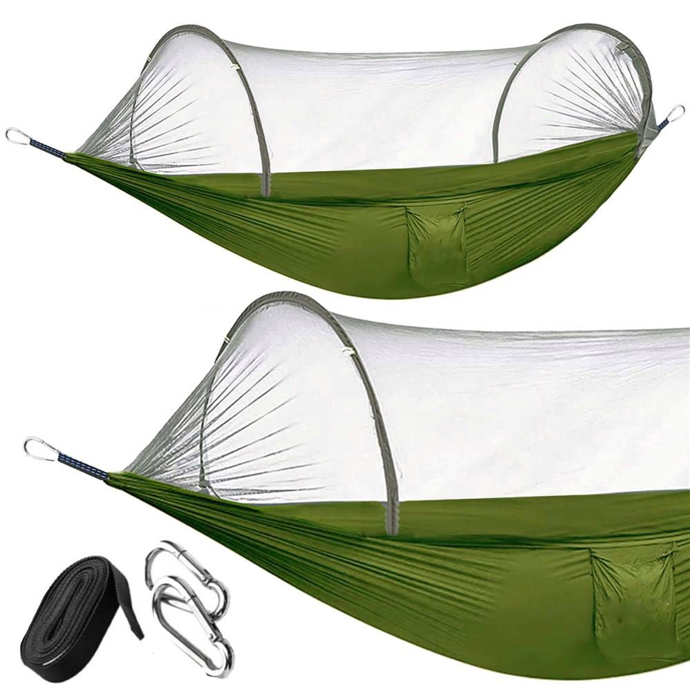 Hamac dublu din material parasuta 140x260cm, cu plasa de tantari si geanta transport, verde