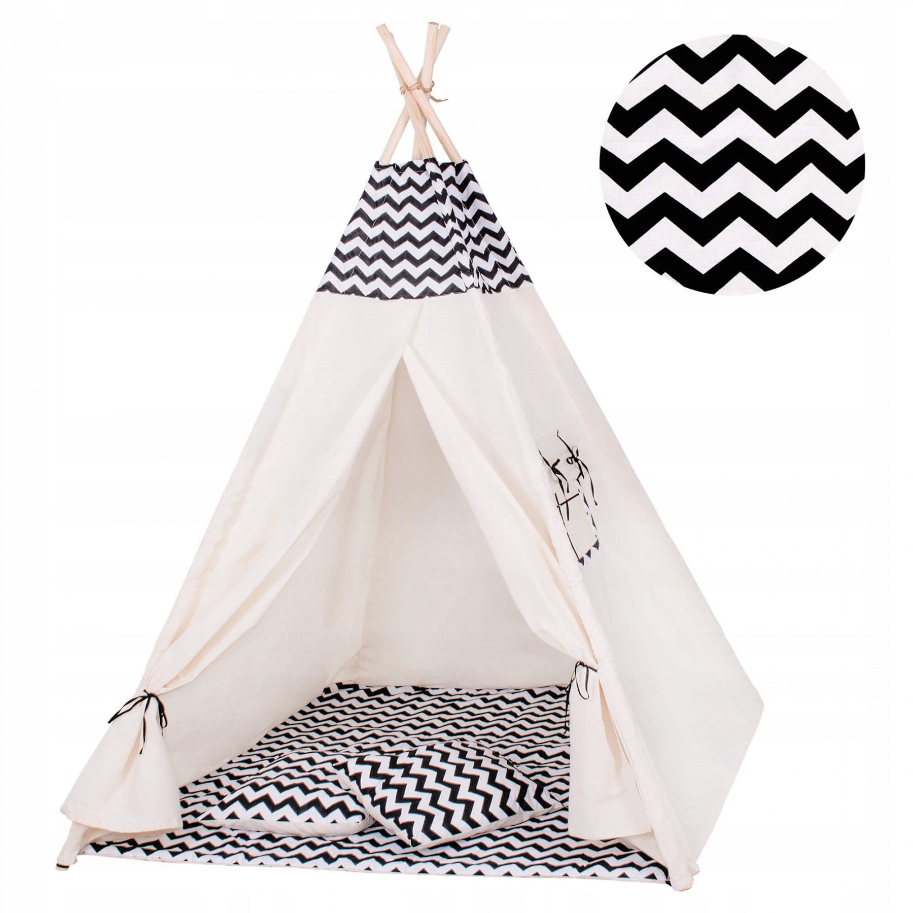 Cort copii Sersimo stil indian Teepee Tent cu fereastra, covoras gros si 2 perne, alb negru zig zag