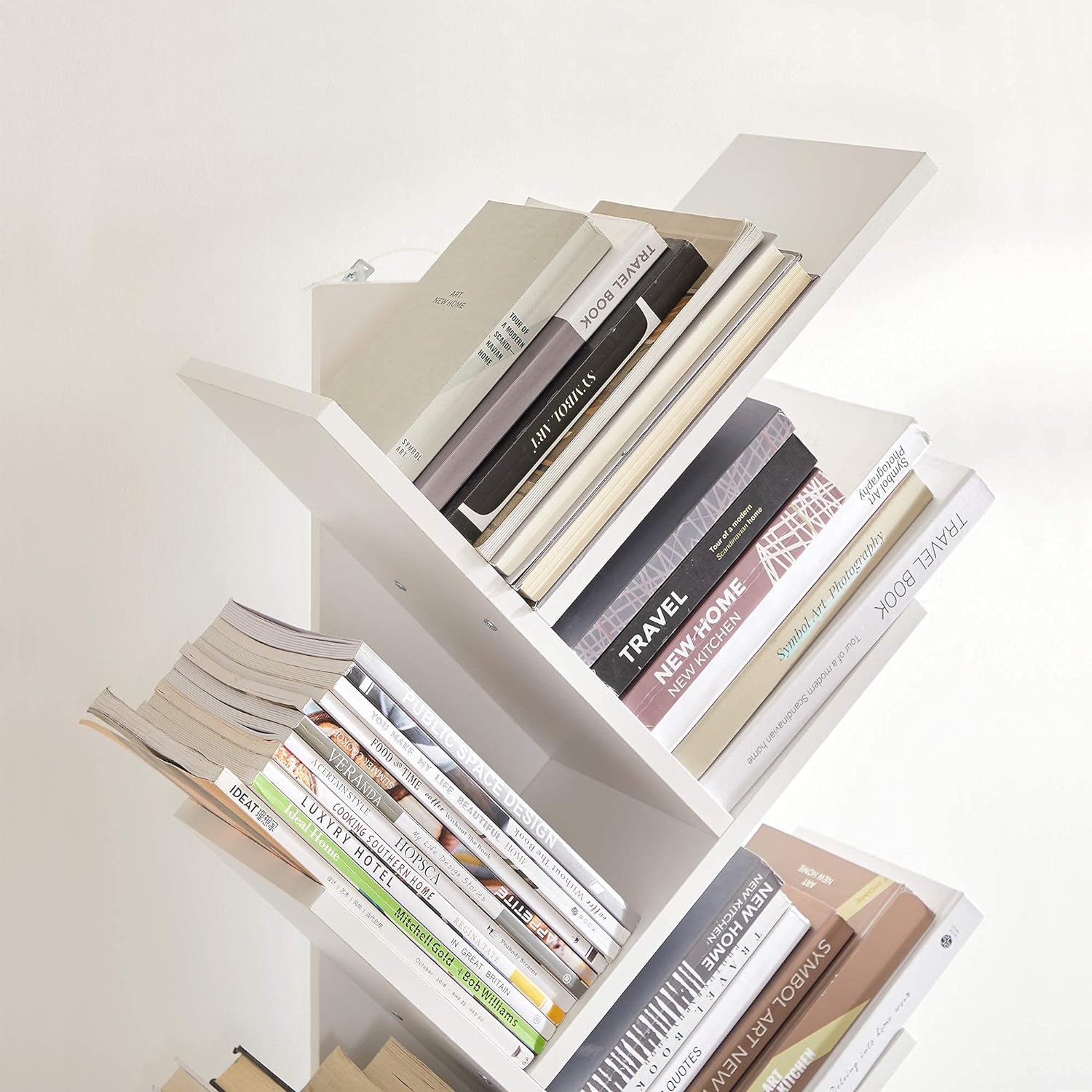 VASAGLE Biblioteca de podea cu 8 etaje, cu rafturi din lemn in forma V, 25x141x50cm, alb