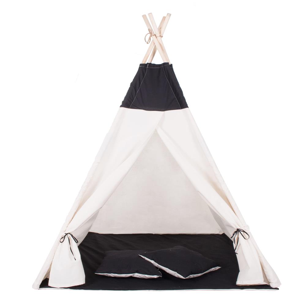 Cort copii Sersimo stil indian Teepee Tent cu fereastra, covoras gros si 2 perne, alb negru