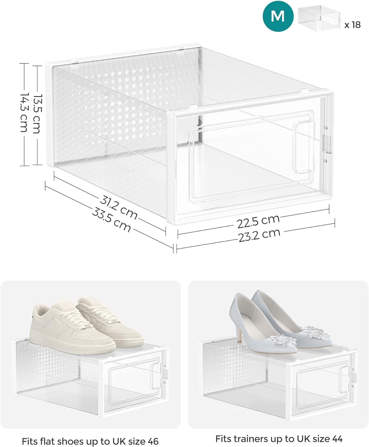 SONGMICS Cutii de pantofi, set de 18 organizatoare stivuibile, structura rezistenta ABS, 34x23x14cm, transparent