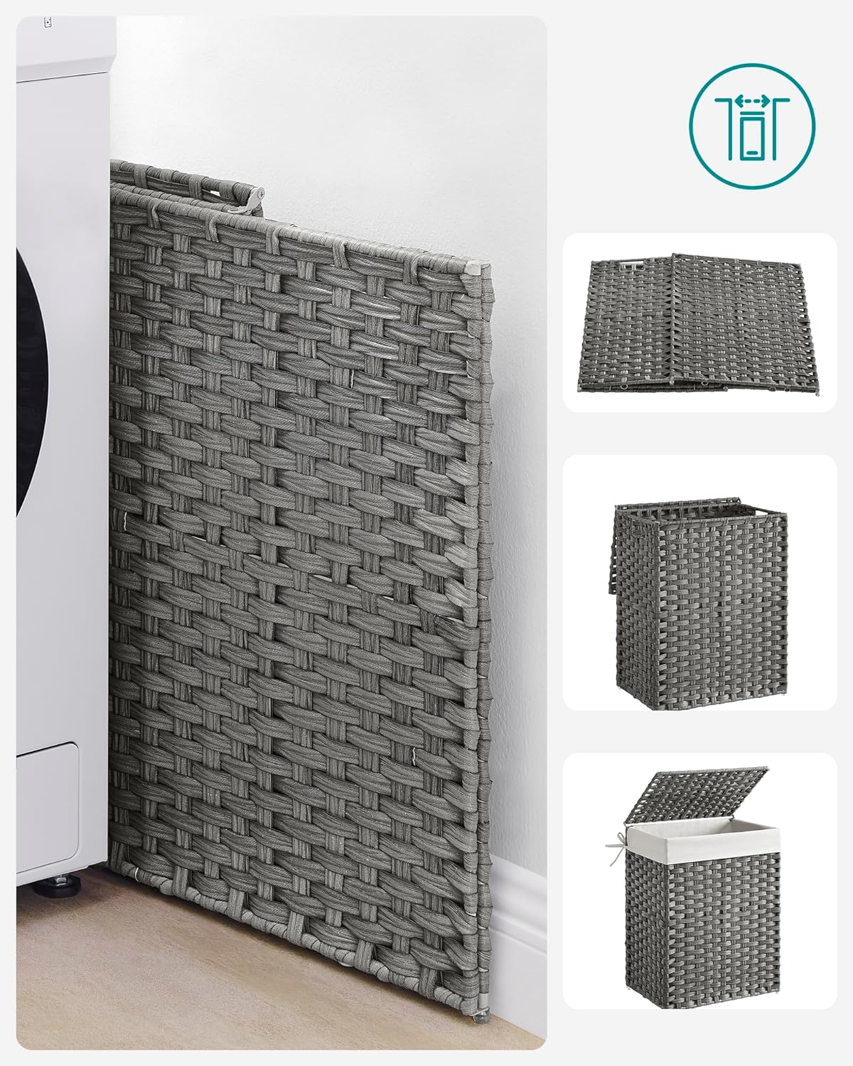 SONGMICS Cos de rufe din ratan sintetic cu capac, sac detasabil, volum 90L, 46x33x60cm, gri